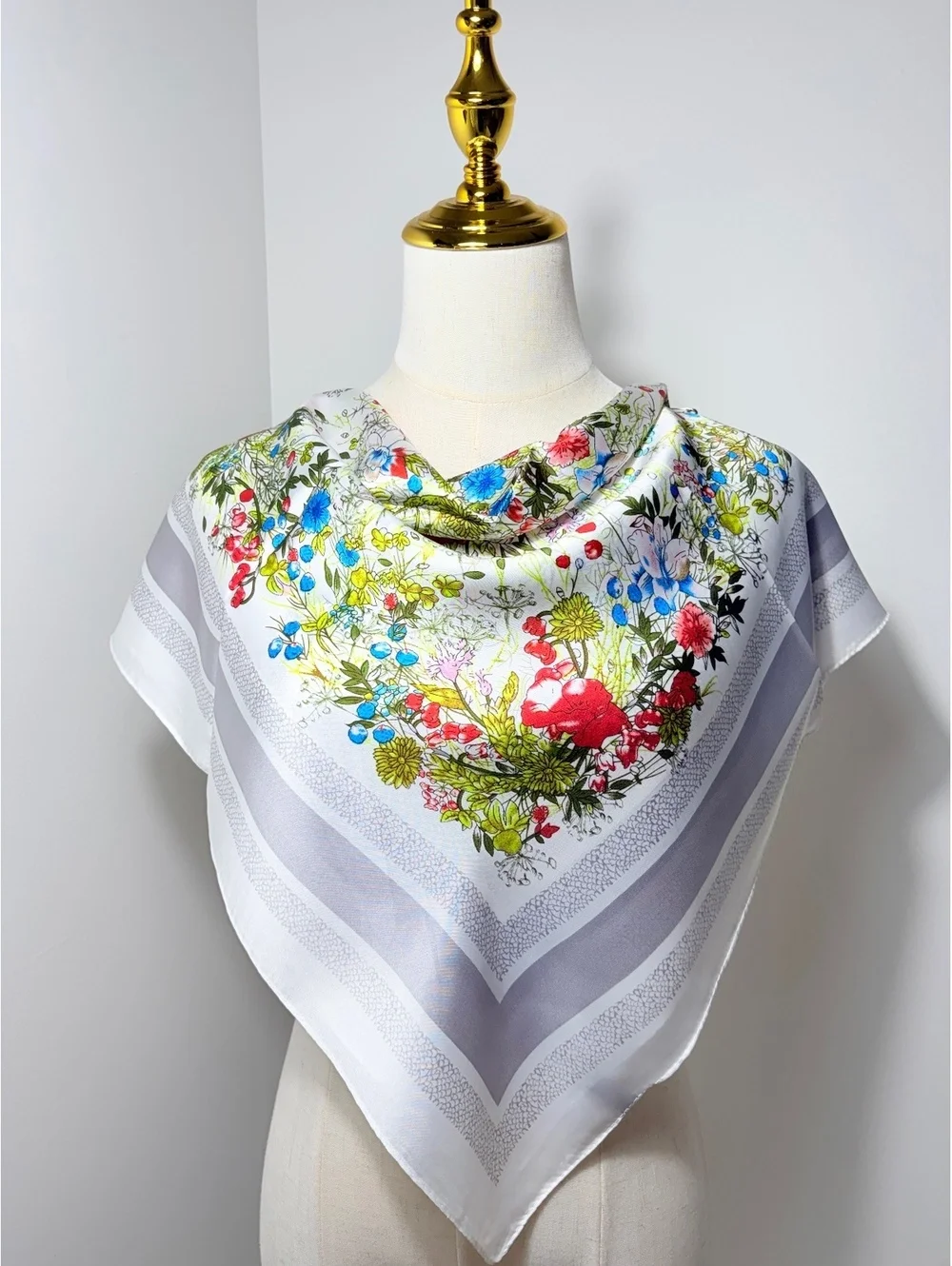 Elegant Floral Square Scarf in Satin Polyester, 68cm x 68cm, Vibrant Red, Blue,